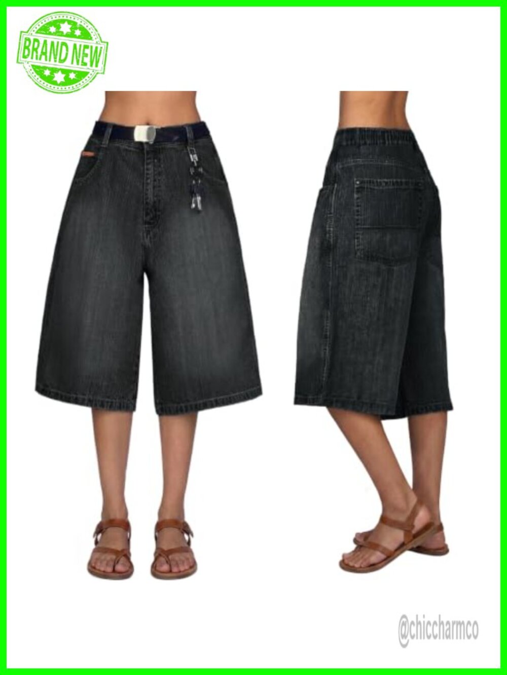 Wide Leg Baggy Jorts Bermuda Shorts for Women Y2k Elastic Waist Denim with - Picture 1 of 6